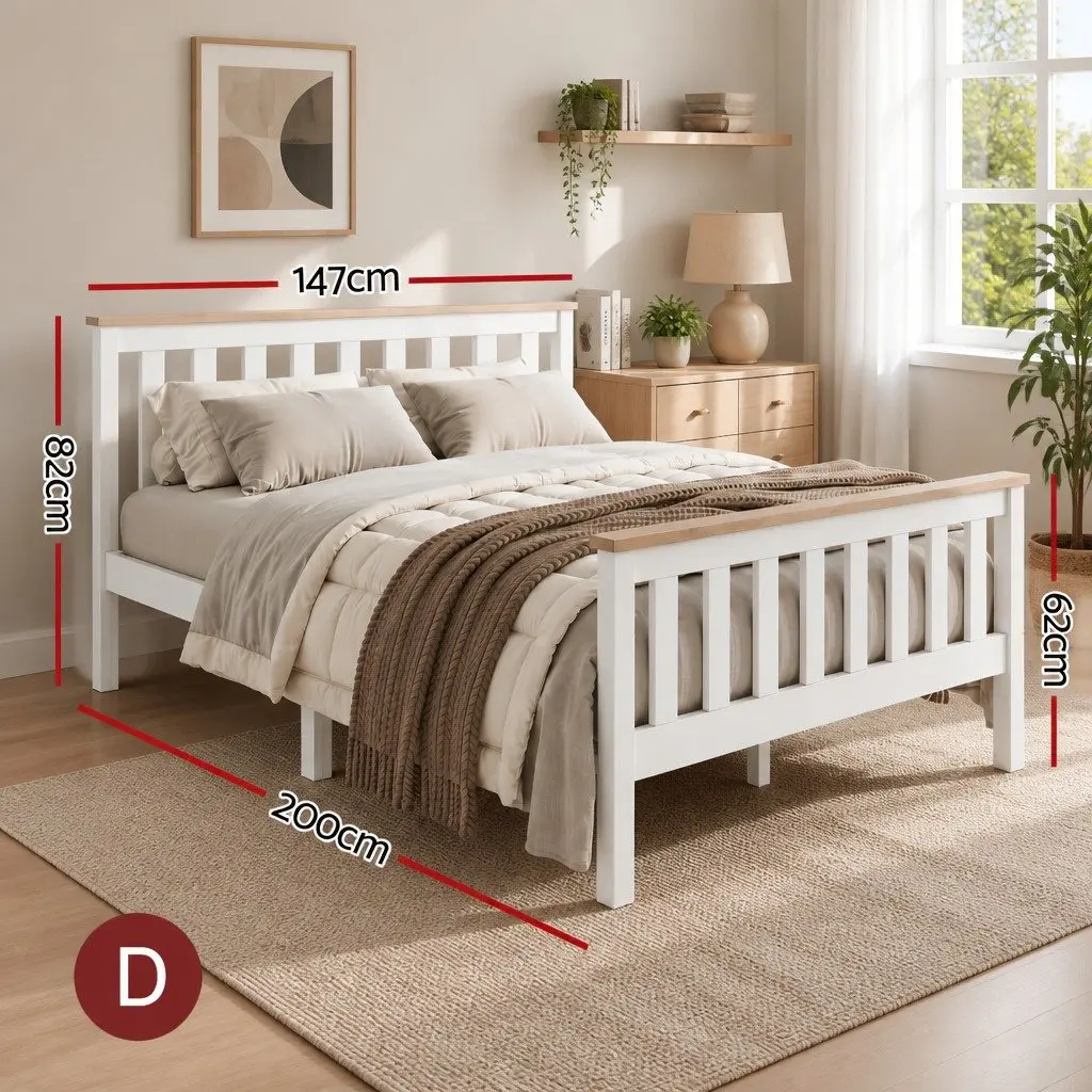 Double Bed Frame White Two-Tone Solid Pine Wood 200cm x 147cm x 82cm