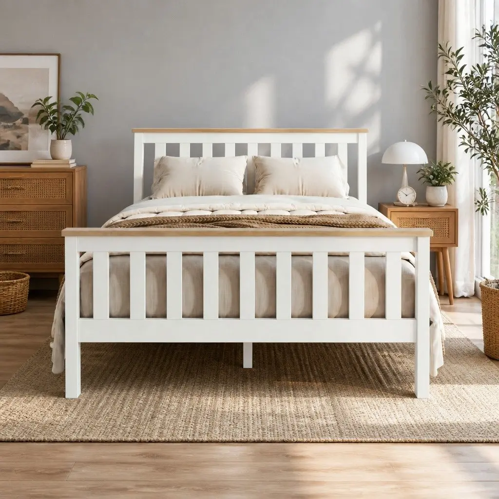 Double Bed Frame White Two-Tone Solid Pine Wood 200cm x 147cm x 82cm