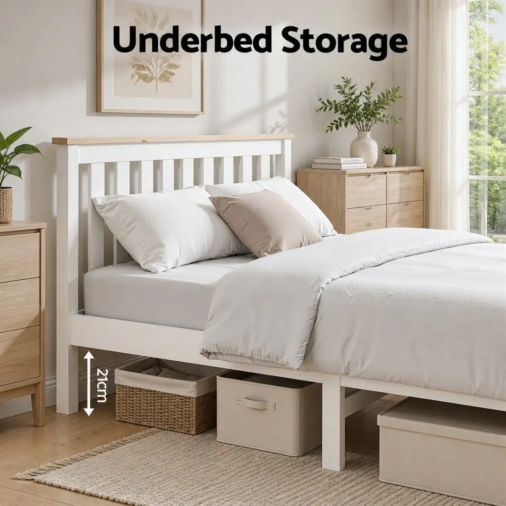 Double Bed Frame White Two-Tone Solid Pine Wood 200cm x 147cm x 82cm