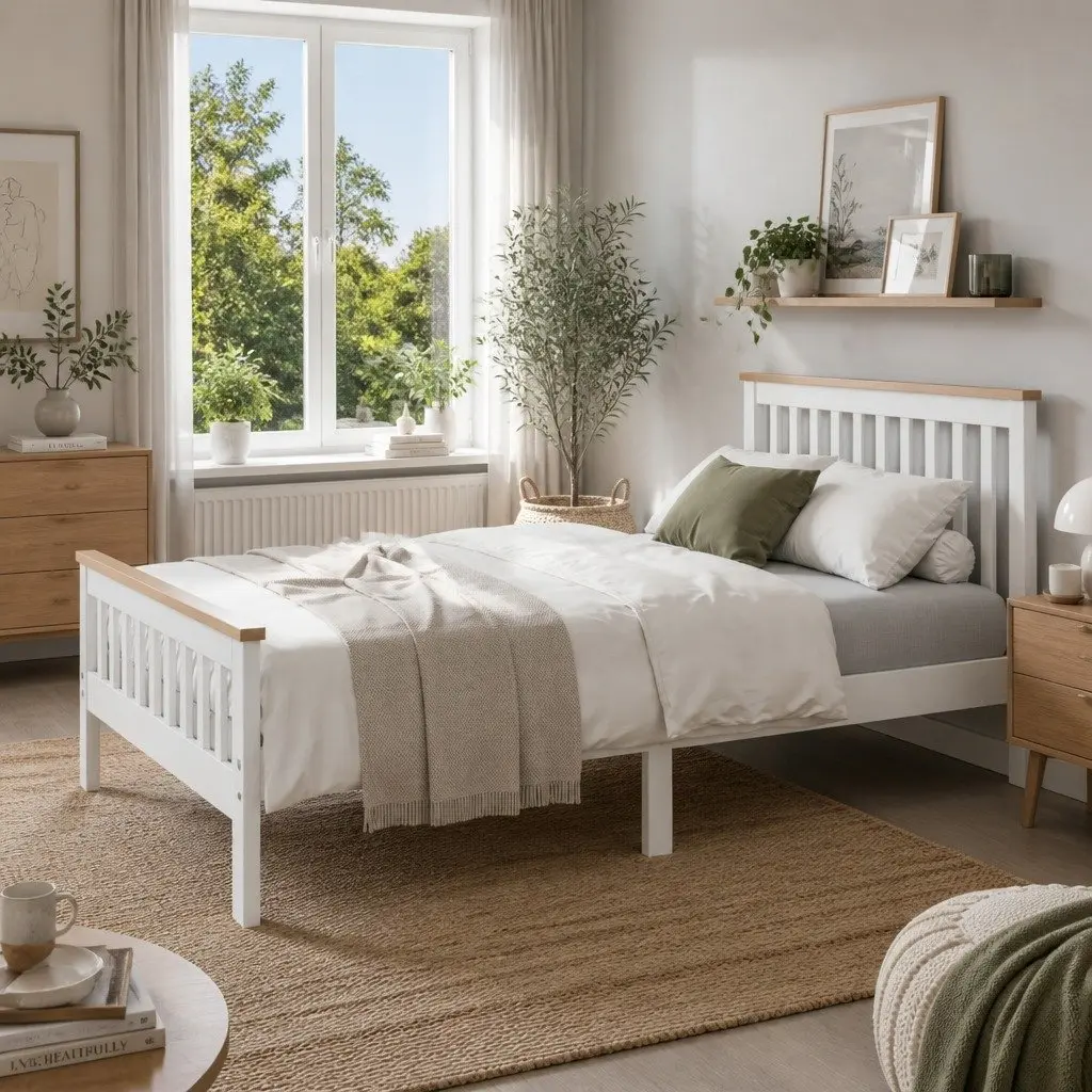 Double Bed Frame White Two-Tone Solid Pine Wood 200cm x 147cm x 82cm