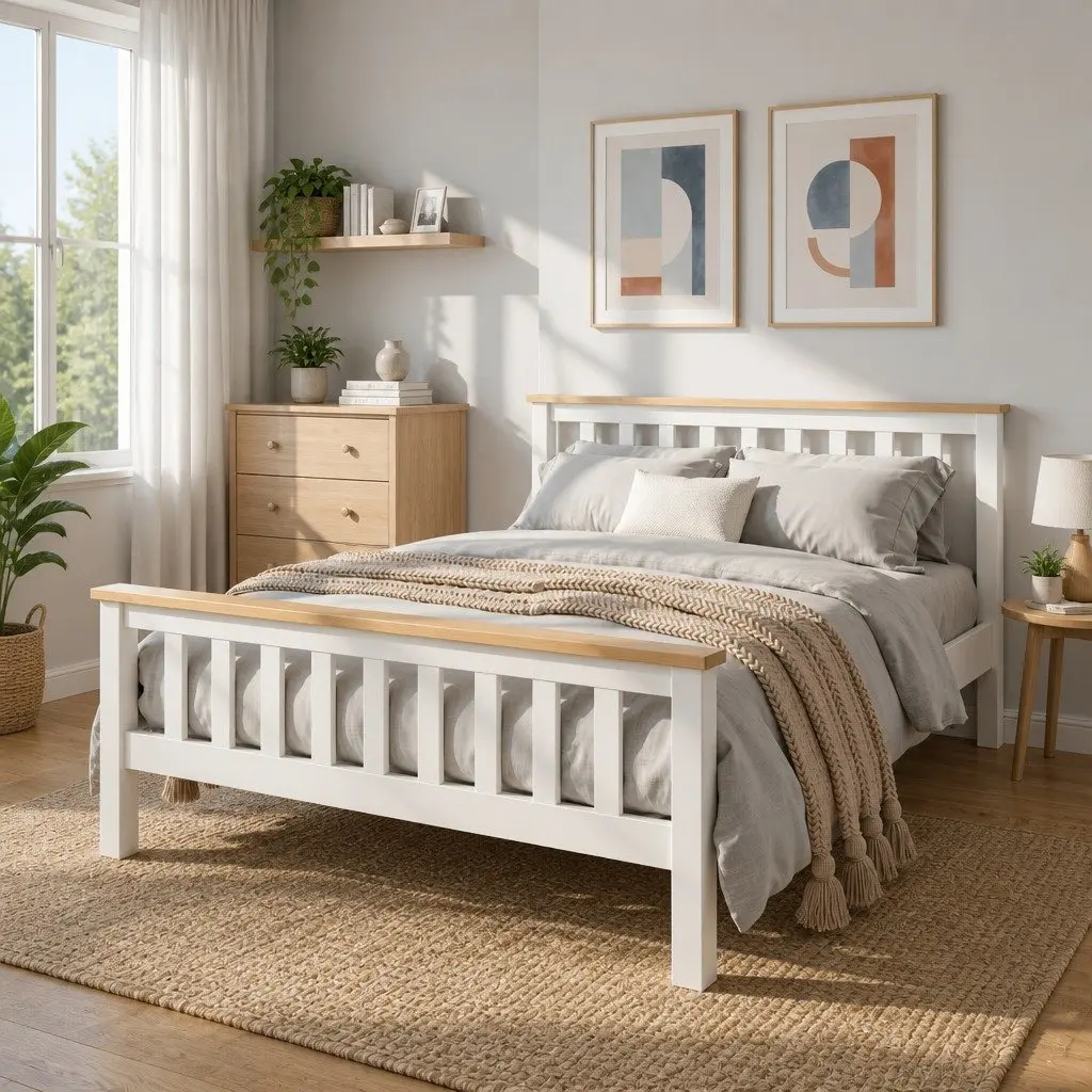 Double Bed Frame White Two-Tone Solid Pine Wood 200cm x 147cm x 82cm