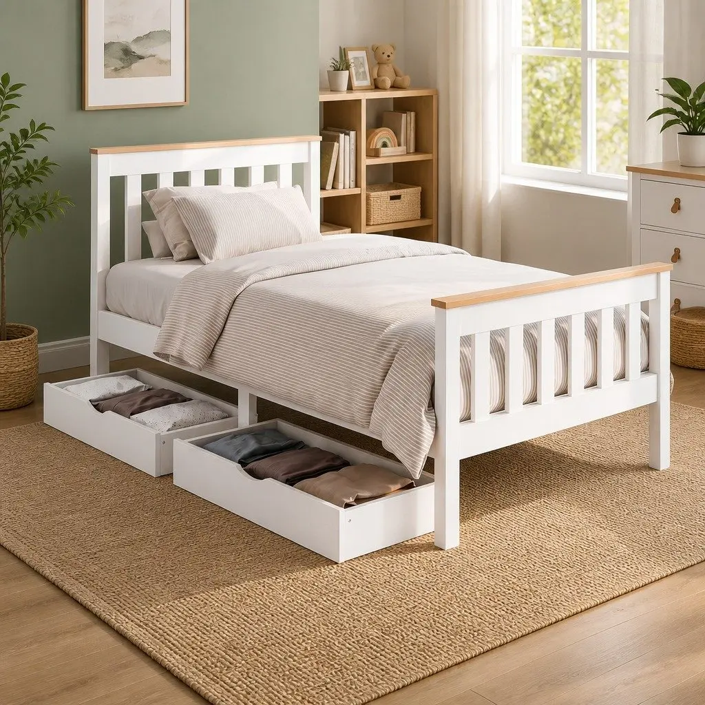 Single Bed Frame Wooden White Platform with 2 Storage Drawers