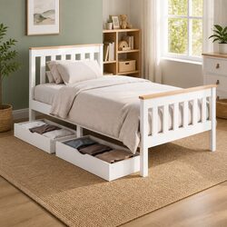 Wooden Single Bed Frame with 2 Drawers in White