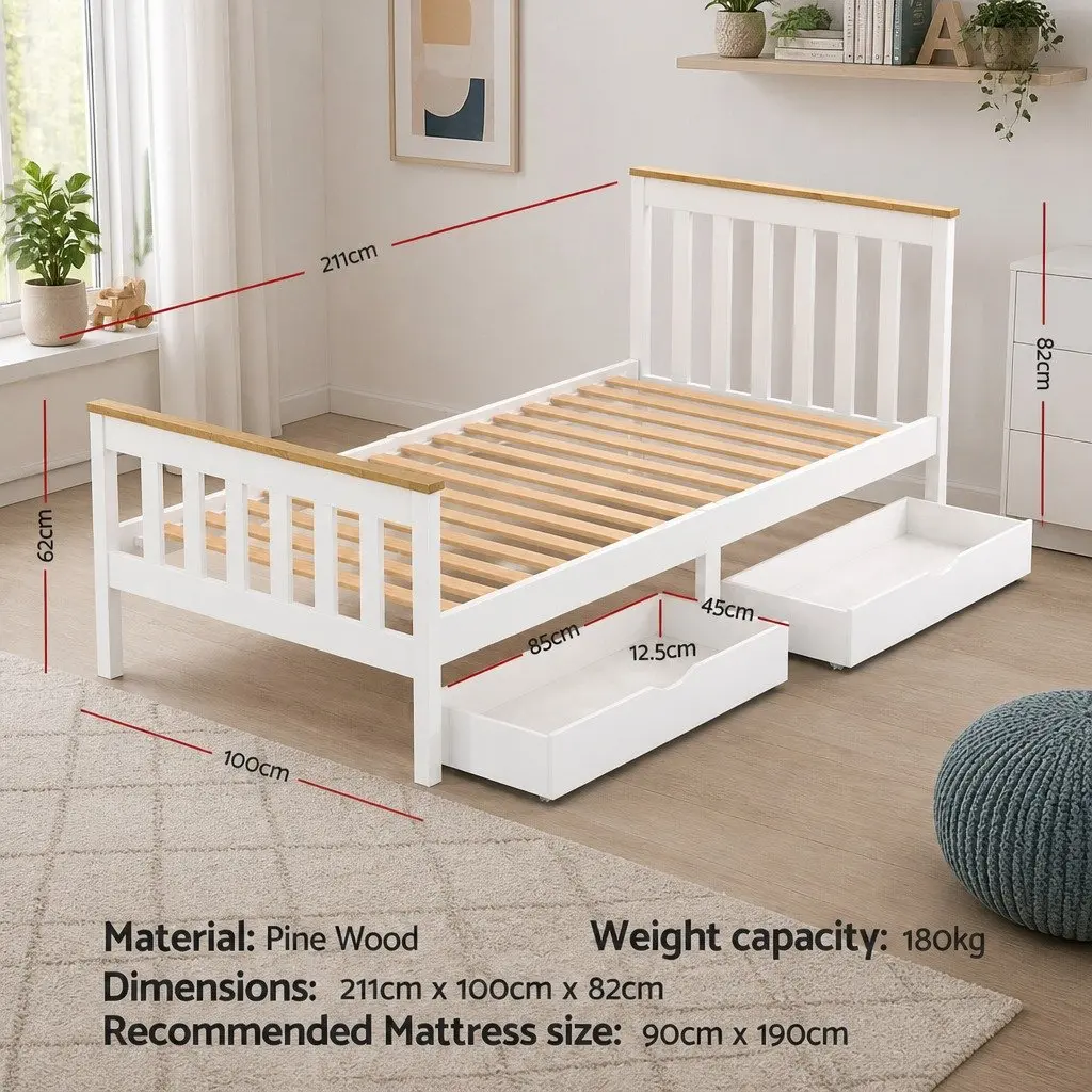 Single Bed Frame Wooden White Platform with 2 Storage Drawers