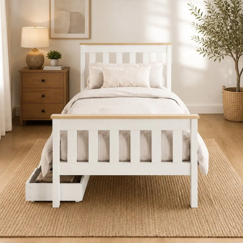 Single Bed Frame Wooden White Platform with 2 Storage Drawers