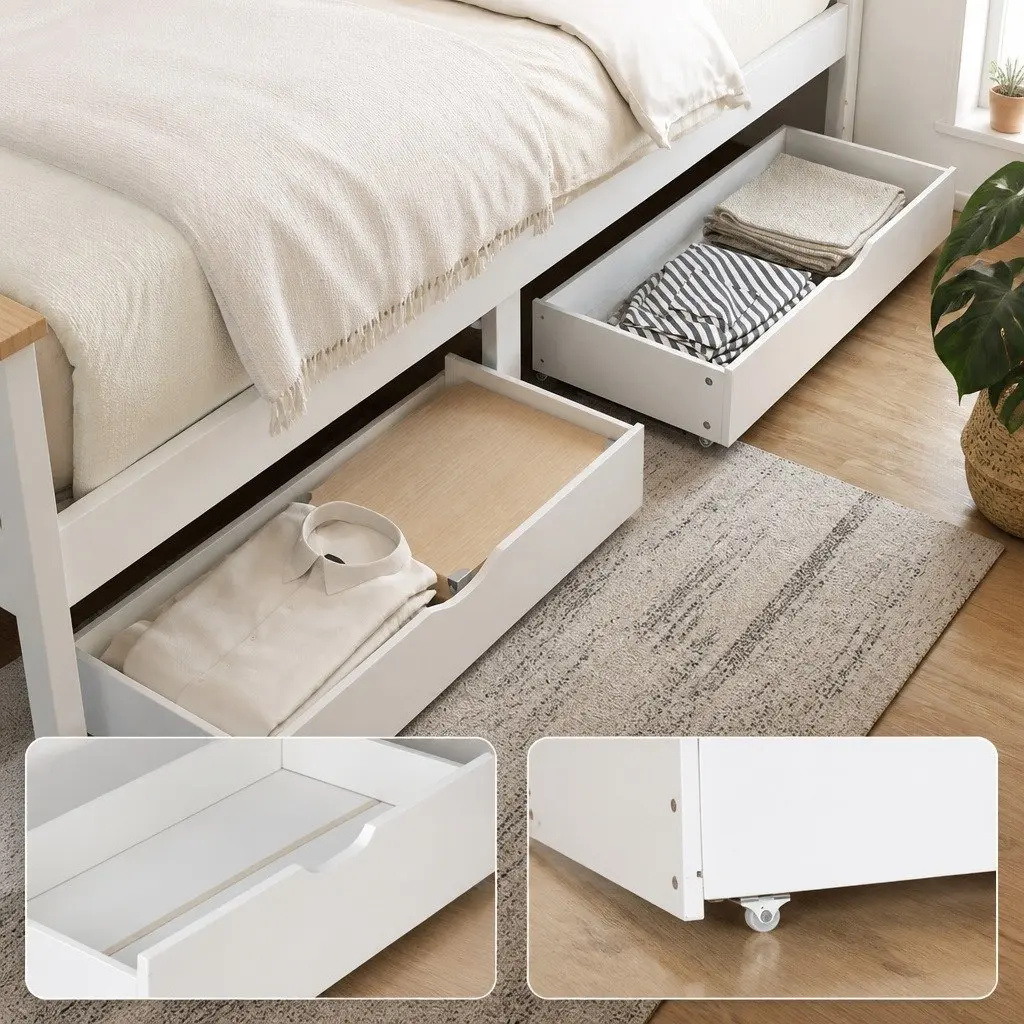 Single Bed Frame Wooden White Platform with 2 Storage Drawers