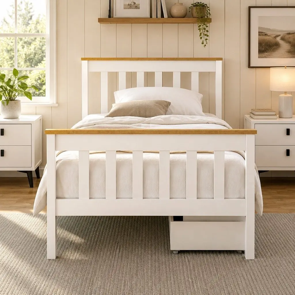 Single Bed Frame Wooden White Platform with 2 Storage Drawers