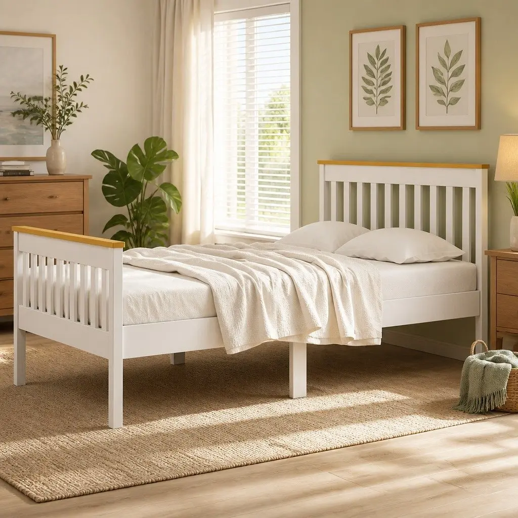 Single Bed Frame Wooden White Platform with 2 Storage Drawers