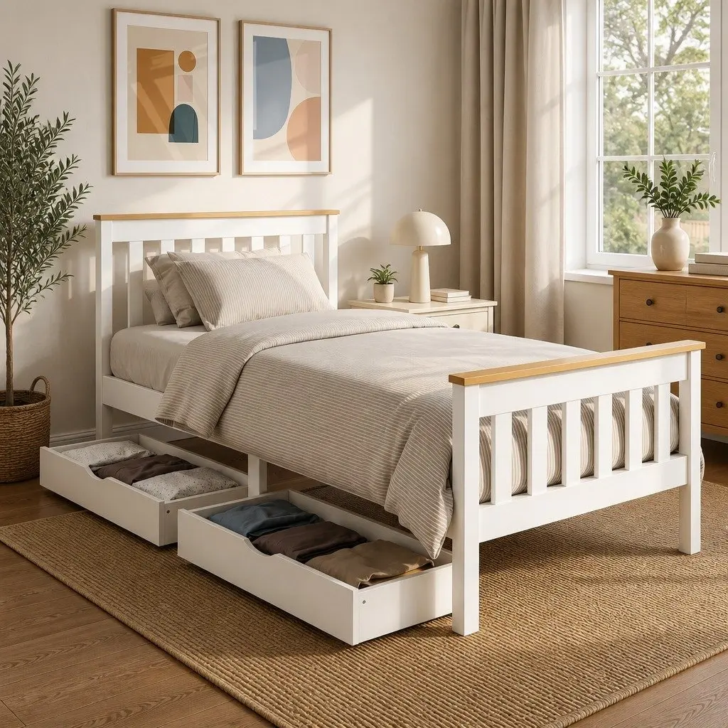 Single Bed Frame Wooden White Platform with 2 Storage Drawers