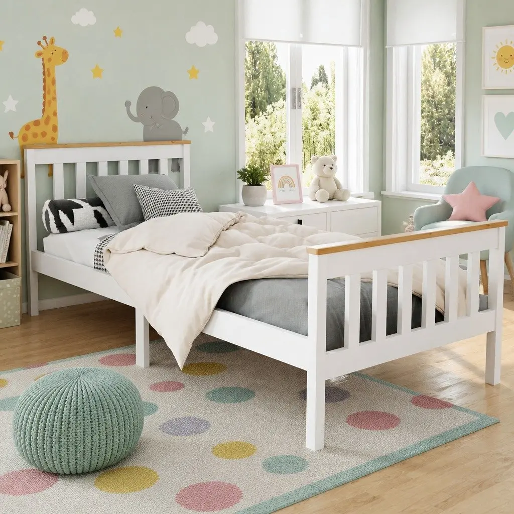 Single Bed Frame White Pine Wood 204cm x 100cm x 82cm Timber Slat Support