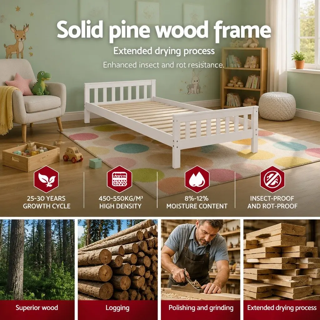 Single Bed Frame White Pine Wood 204cm x 100cm x 82cm Timber Slat Support
