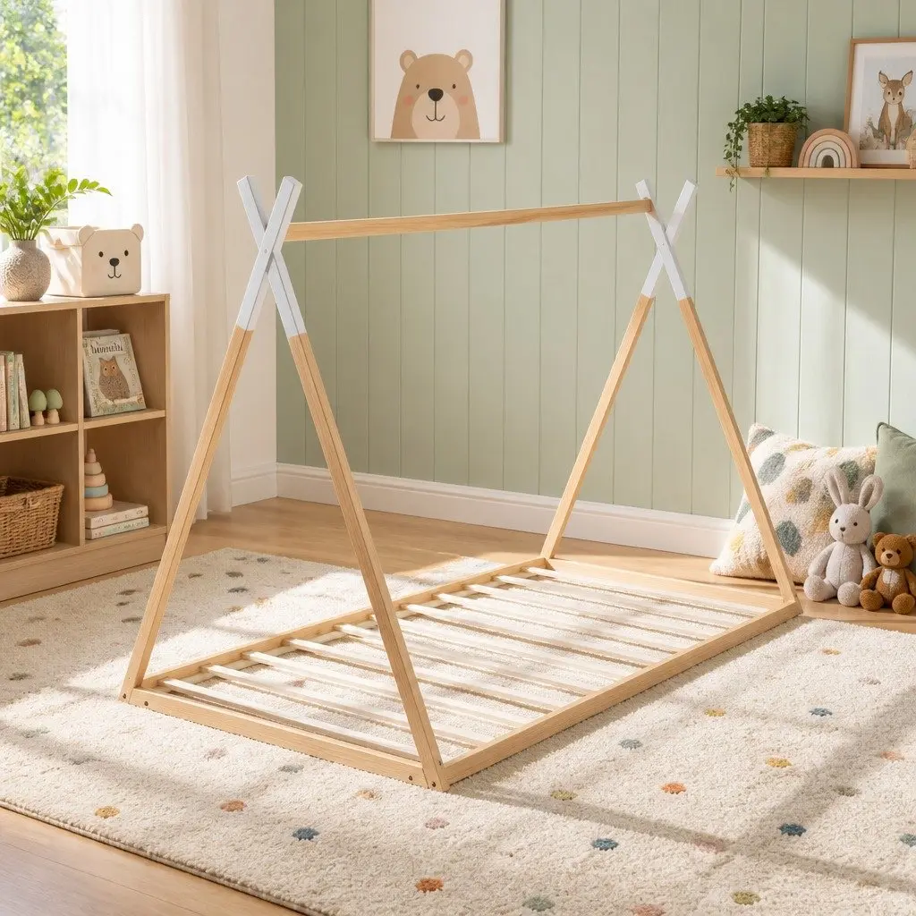 Kids House Bed Frame Single Wooden Bedroom Furniture Pine Construction Oak White