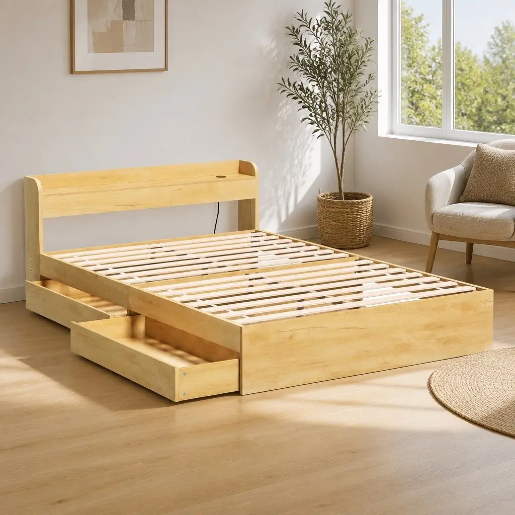 Double Bed Frame Pine Wood with USB Charging Ports and 2 Storage Drawers