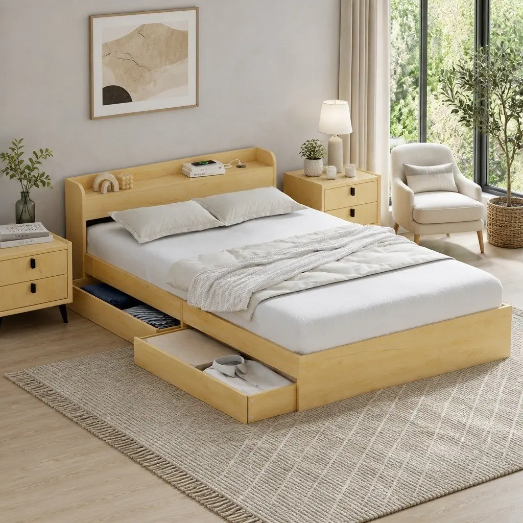 Double Bed Frame Pine Wood with USB Charging Ports and 2 Storage Drawers