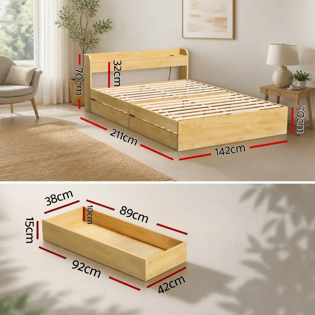 Double Bed Frame Pine Wood with USB Charging Ports and 2 Storage Drawers