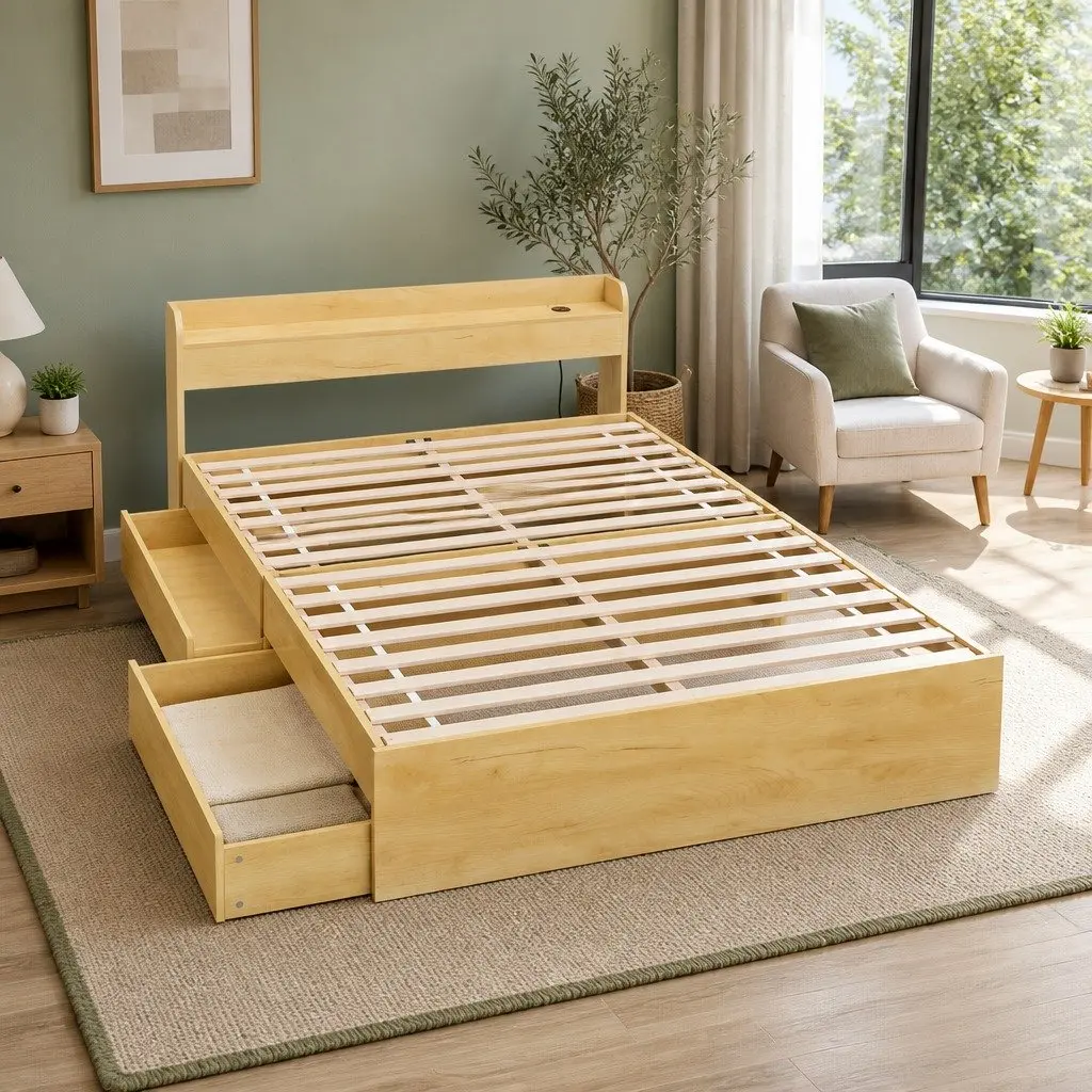 Double Bed Frame Pine Wood with USB Charging Ports and 2 Storage Drawers