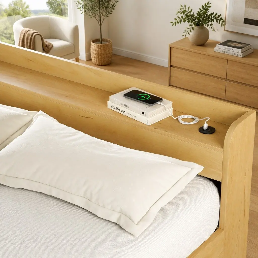Double Bed Frame Pine Wood with USB Charging Ports and 2 Storage Drawers