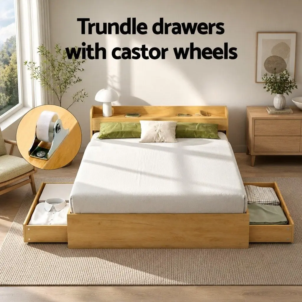Double Bed Frame Pine Wood with USB Charging Ports and 2 Storage Drawers