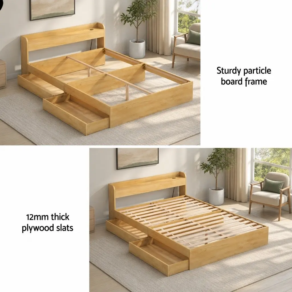 Double Bed Frame Pine Wood with USB Charging Ports and 2 Storage Drawers