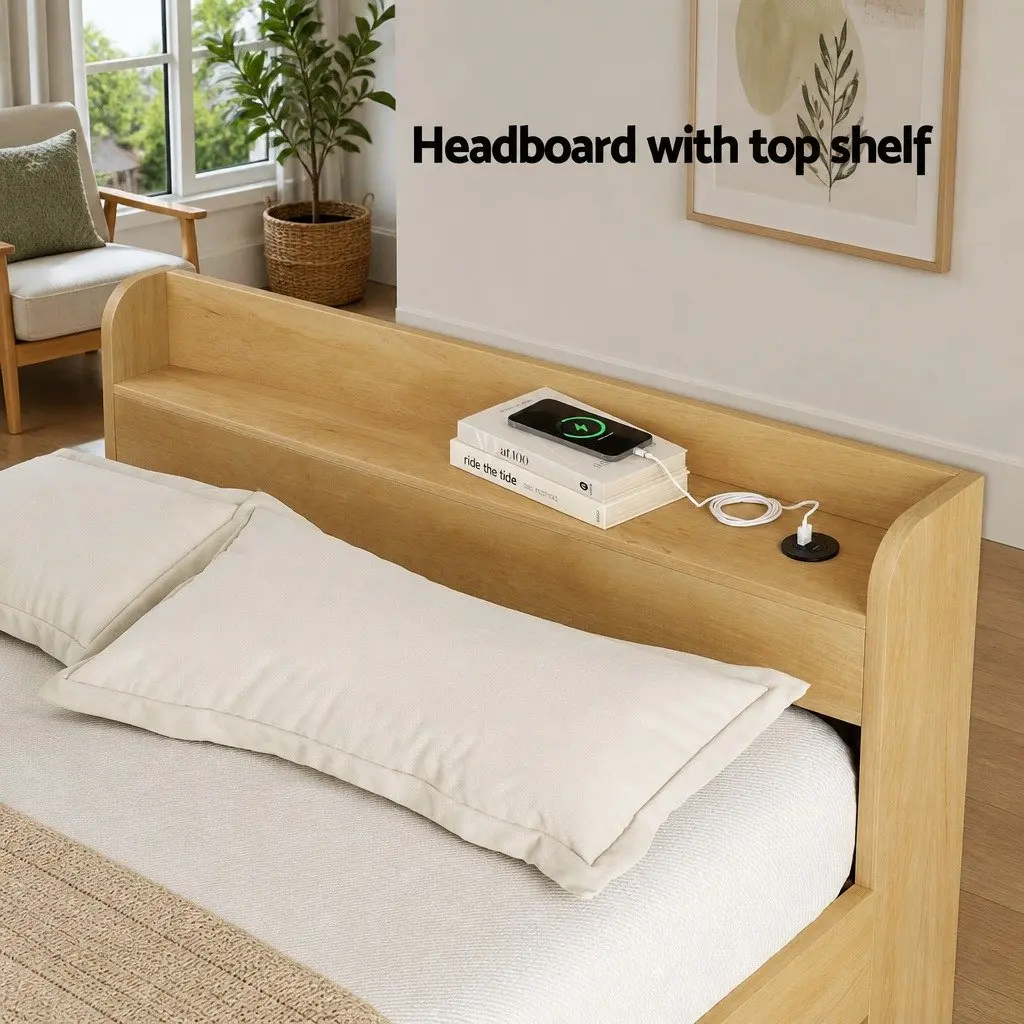 Double Bed Frame Pine Wood with USB Charging Ports and 2 Storage Drawers