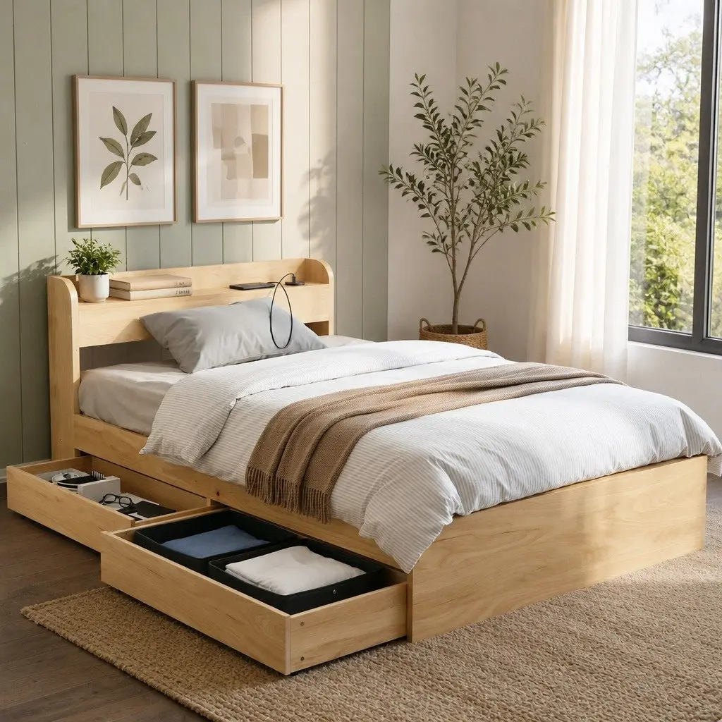 King Single Bed Frame with Storage Drawers USB Ports Headboard Platform Base