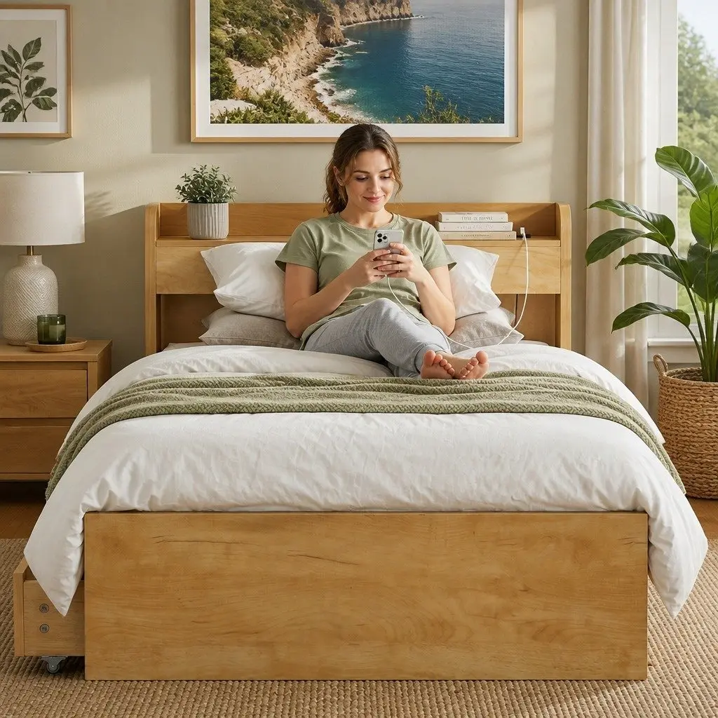 King Single Bed Frame with Storage Drawers USB Ports Headboard Platform Base