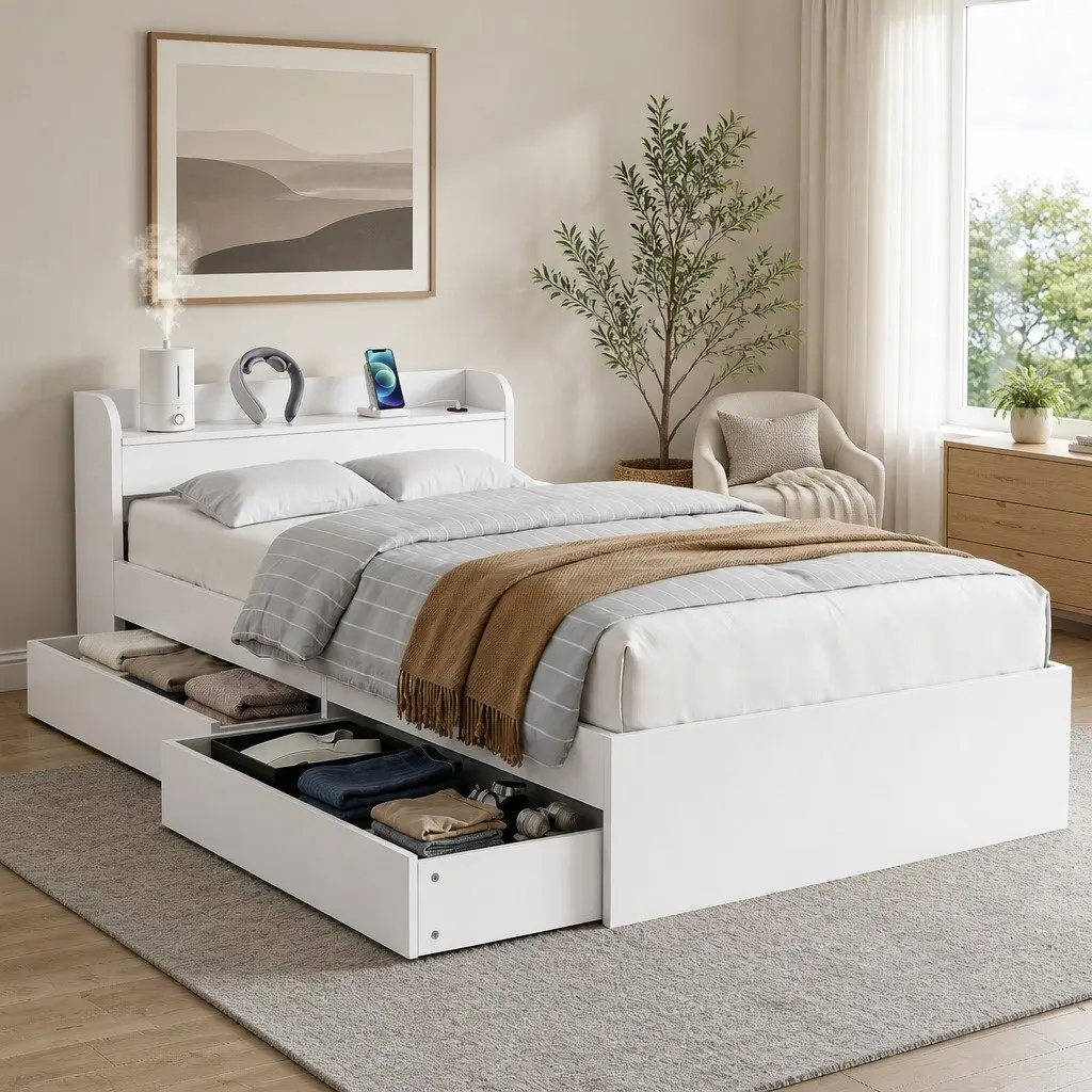 White King Single Bed Frame with USB Charging Ports
