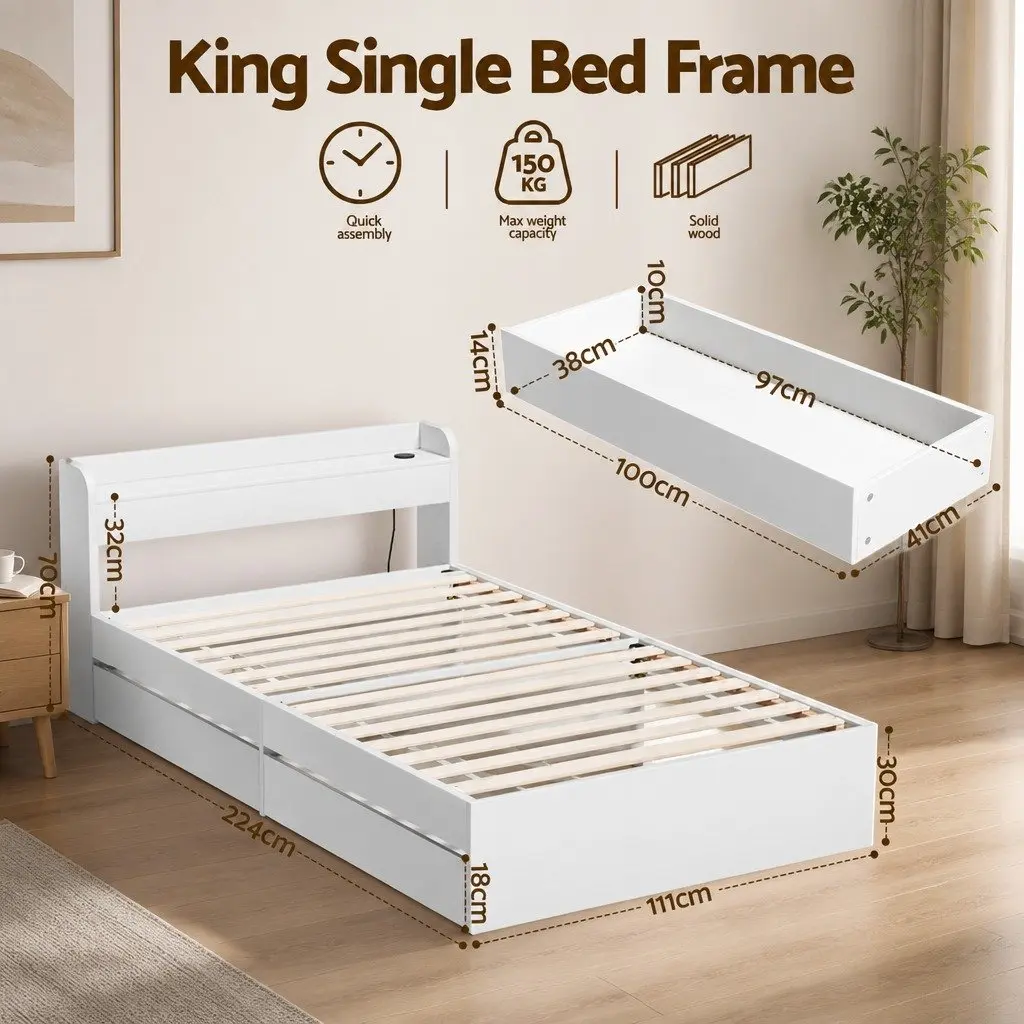 White King Single Bed Frame with USB Charging Ports