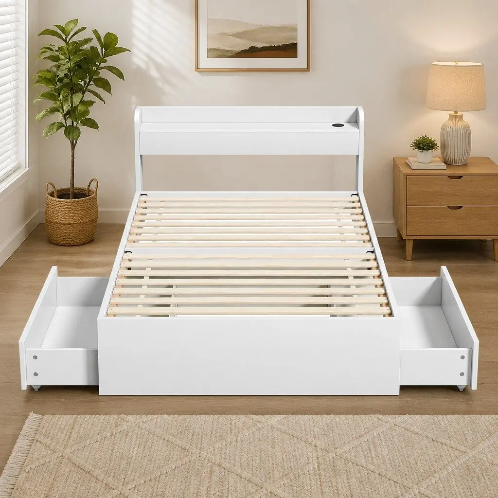 White King Single Bed Frame with USB Charging Ports