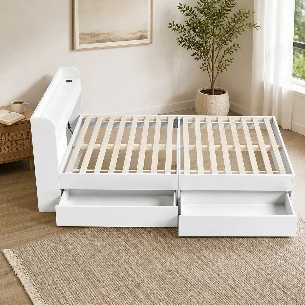White King Single Bed Frame with USB Charging Ports