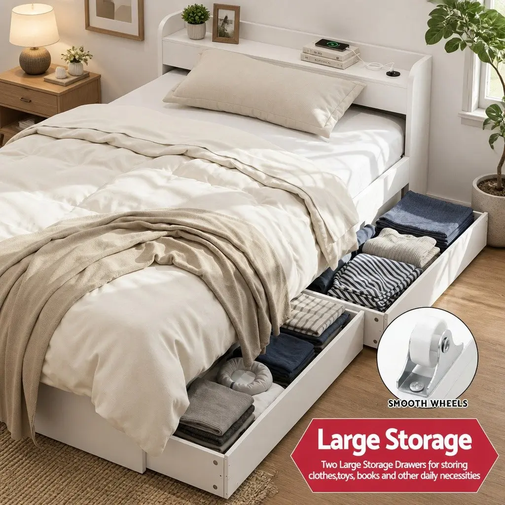 White King Single Bed Frame with USB Charging Ports