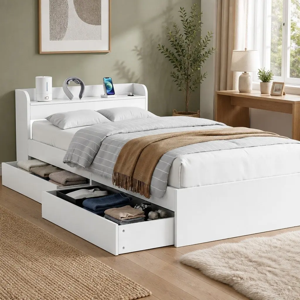 White King Single Bed Frame with USB Charging Ports