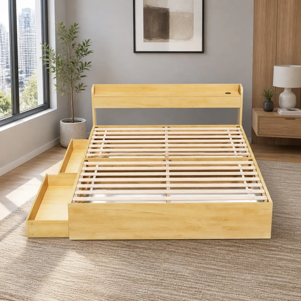 Queen Size Bed Frame with Storage and USB Ports