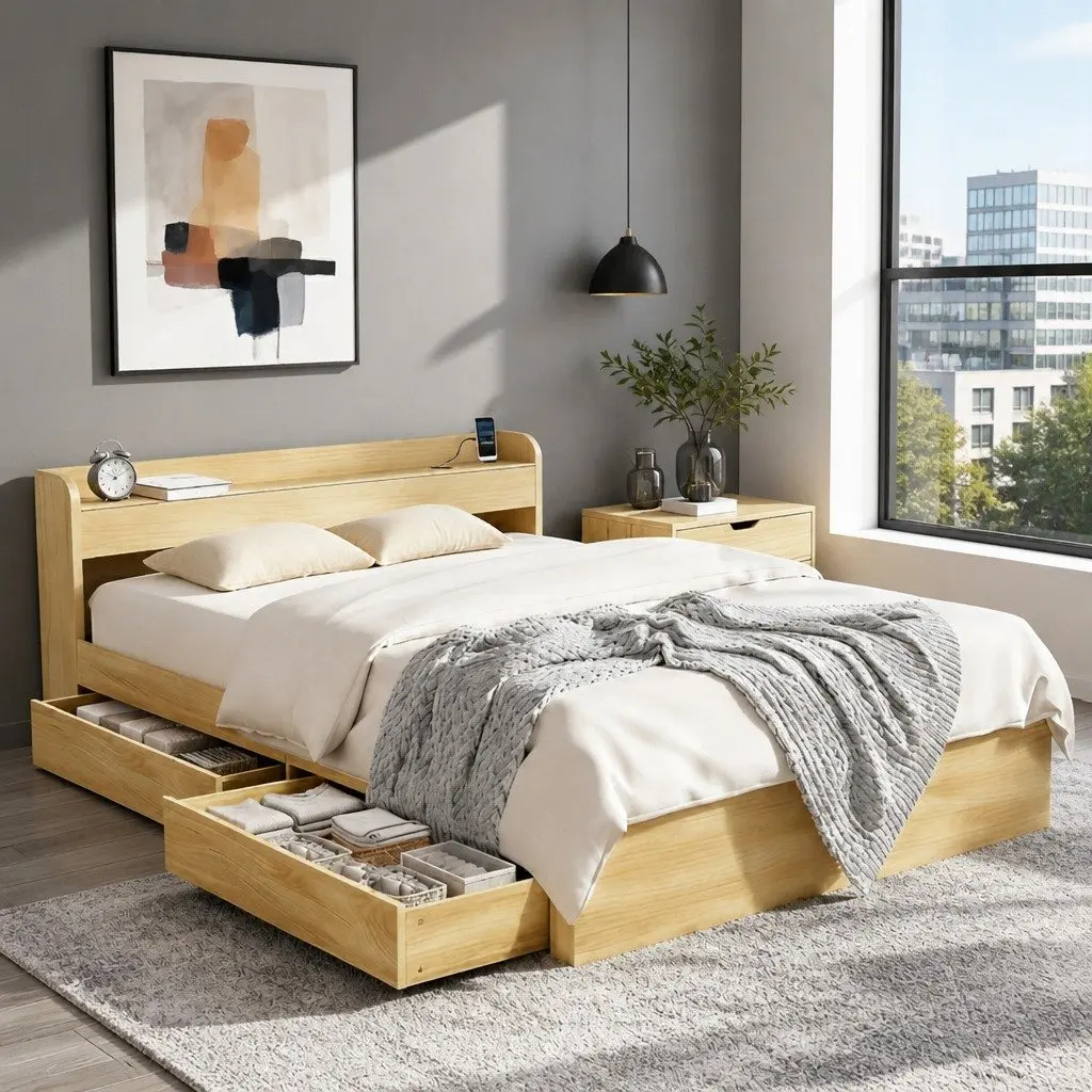 Queen Size Bed Frame with Storage and USB Ports