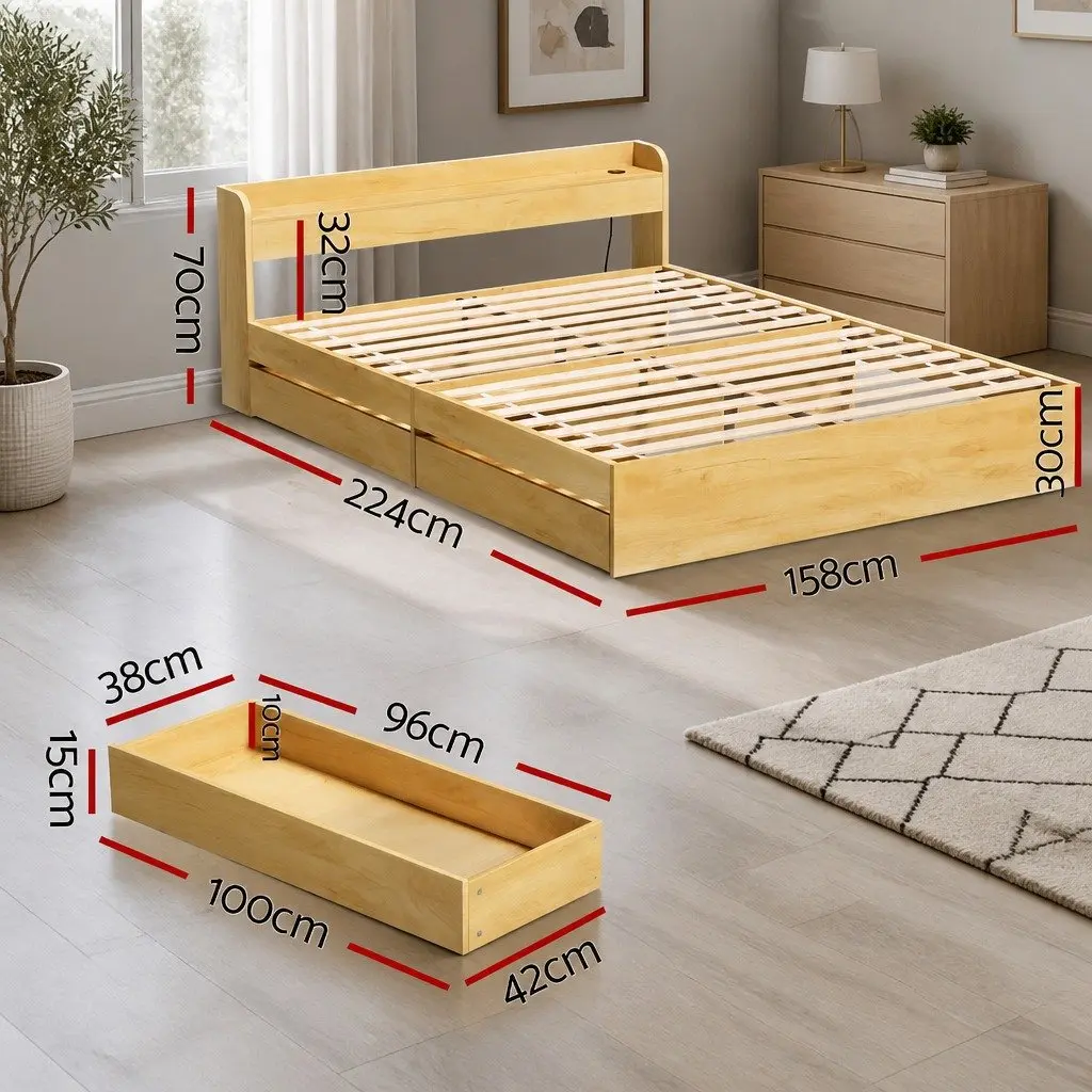 Queen Size Bed Frame with Storage and USB Ports