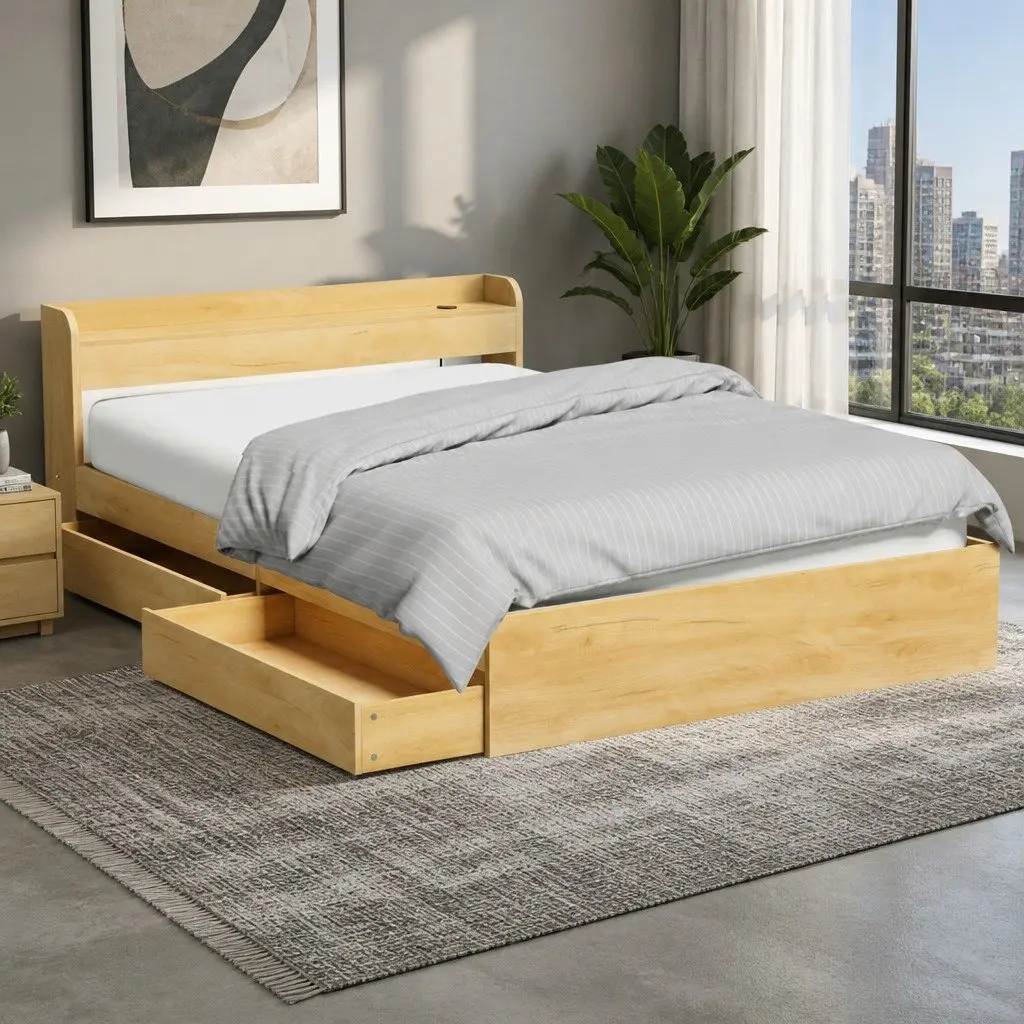 Queen Size Bed Frame with Storage and USB Ports