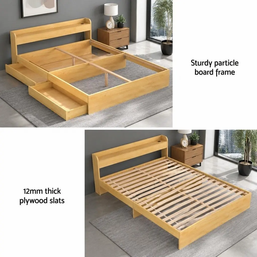 Queen Size Bed Frame with Storage and USB Ports