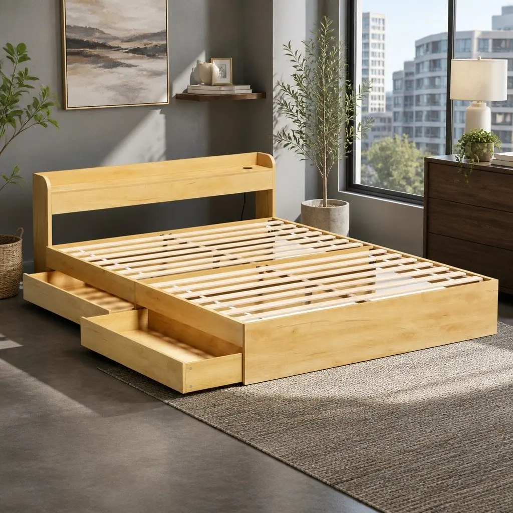 Queen Size Bed Frame with Storage and USB Ports
