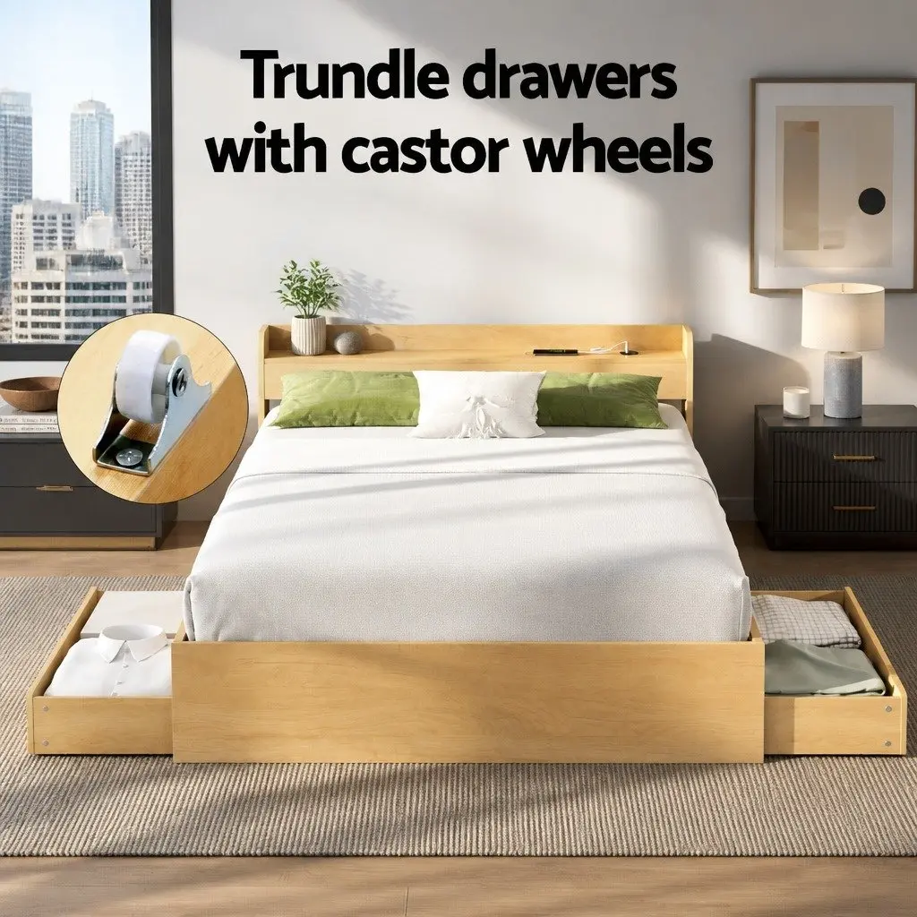 Queen Size Bed Frame with Storage and USB Ports