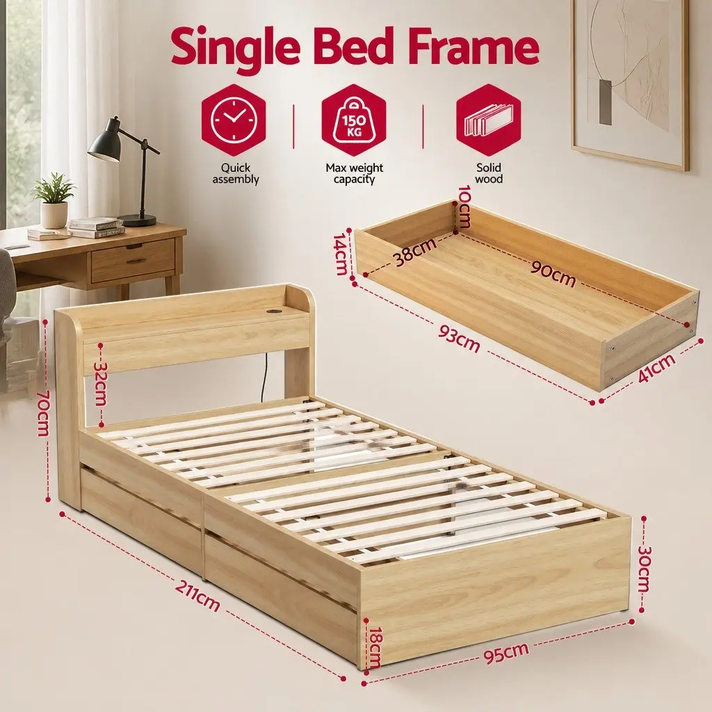 Single Bed Frame with Storage Drawers and USB Ports
