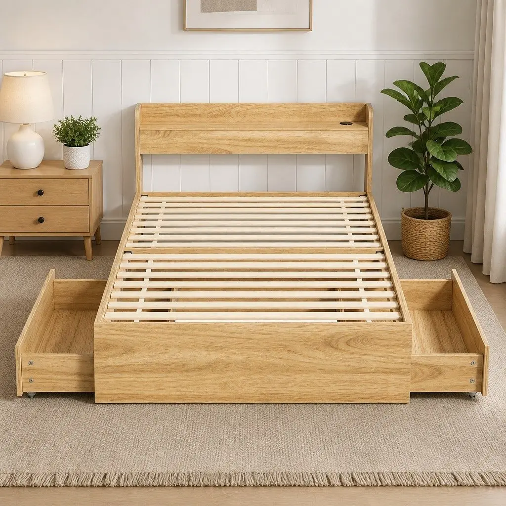 Single Bed Frame with Storage Drawers and USB Ports