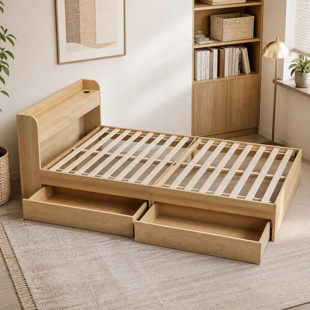Single Bed Frame with Storage Drawers and USB Ports