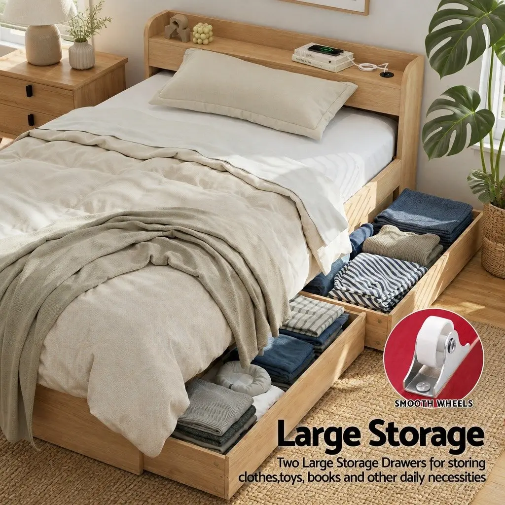 Single Bed Frame with Storage Drawers and USB Ports