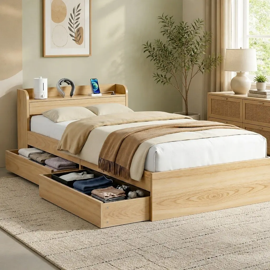 Single Bed Frame with Storage Drawers and USB Ports