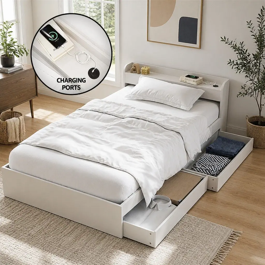 Single Bed Frame White with USB Charging Ports and Storage Drawers Plywood 211 x 96 x 70cm