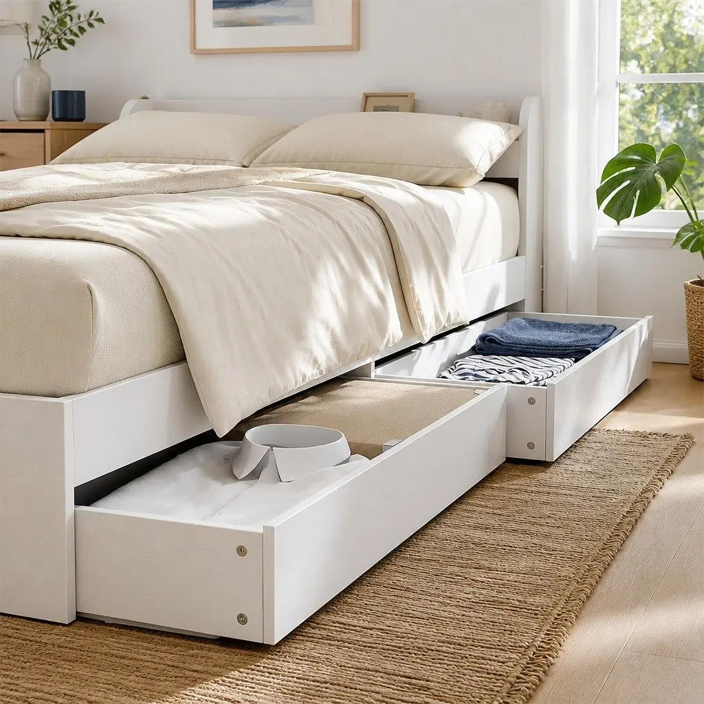 Single Bed Frame White with USB Charging Ports and Storage Drawers Plywood 211 x 96 x 70cm