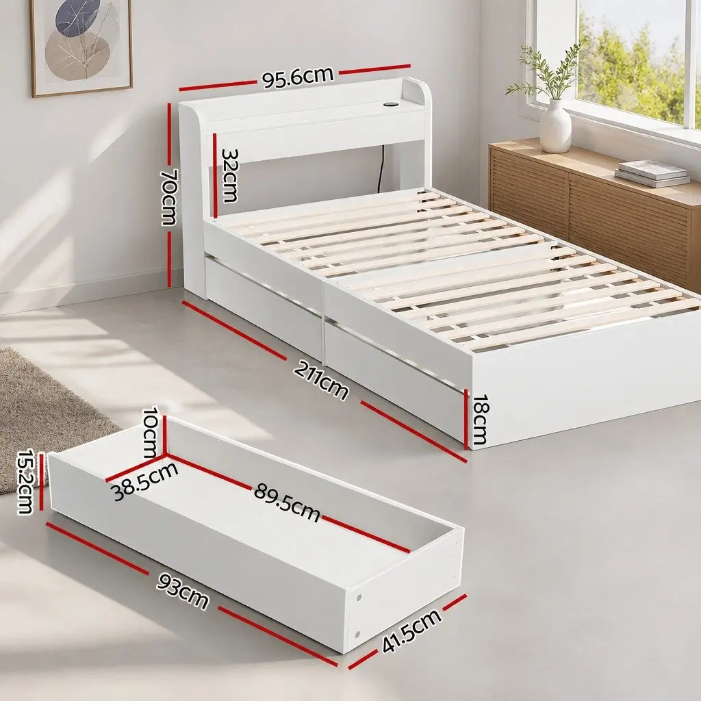 Single Bed Frame White with USB Charging Ports and Storage Drawers Plywood 211 x 96 x 70cm