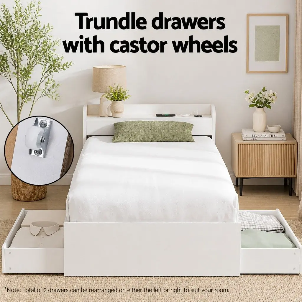 Single Bed Frame White with USB Charging Ports and Storage Drawers Plywood 211 x 96 x 70cm