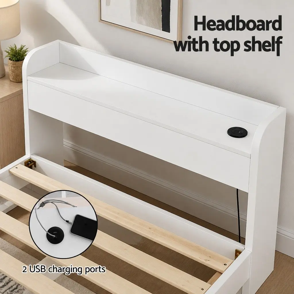 Single Bed Frame White with USB Charging Ports and Storage Drawers Plywood 211 x 96 x 70cm