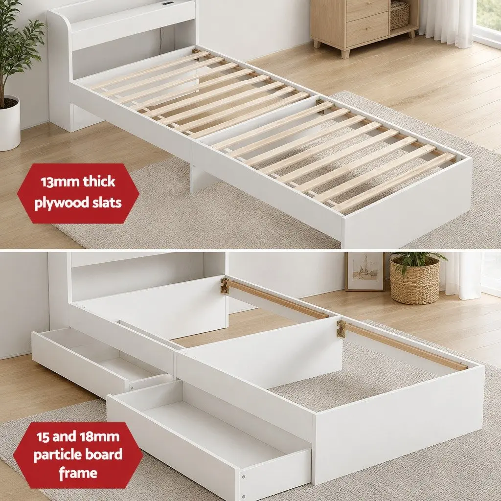 Single Bed Frame White with USB Charging Ports and Storage Drawers Plywood 211 x 96 x 70cm
